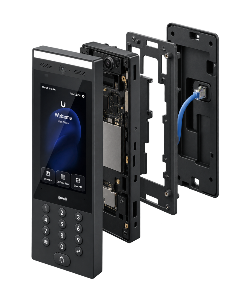 Vue éclatée de présentation du Ubiquiti UniFi G3 Intercom et de son raccordement réseau PoE